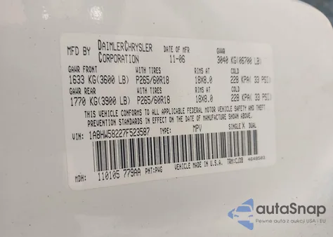 2007 Chrysler Aspen Limited from USA, damaged, VIN 1A8HW58227F523587